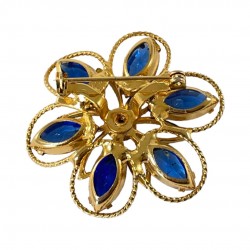 Vintage Blue & Emerald Rhinestones Gold Tone Floral Brooch