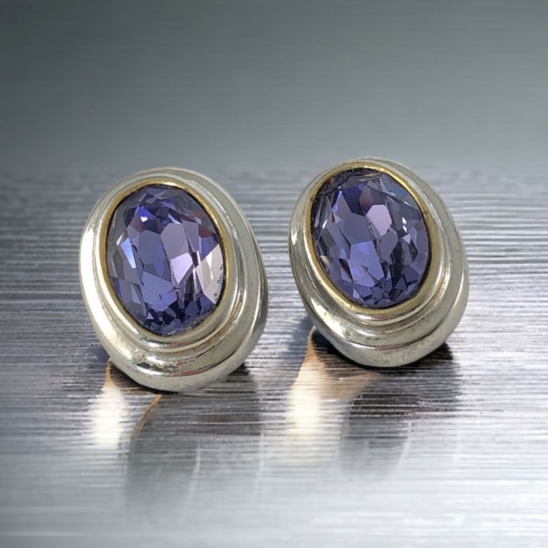 Vintage Amethyst Crystal Silver Tone Oval Clip-on Earrings