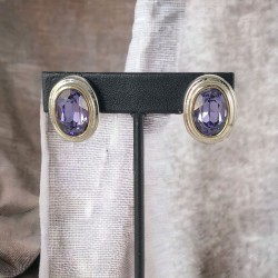 Vintage Amethyst Crystal Silver Tone Oval Clip-on Earrings