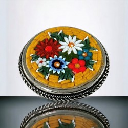 Vintage Italian "Micro" Mosaic Yellow Floral Round Brooch