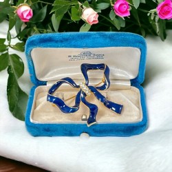 Blue Enamel Clear Rhinestones Gold Tone Bow Brooch