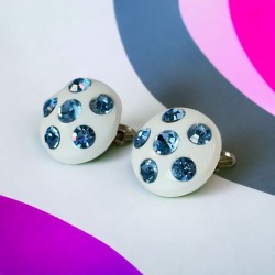 Vintage Blue Rhinestones & White Plastic Round Clip-on Earrings