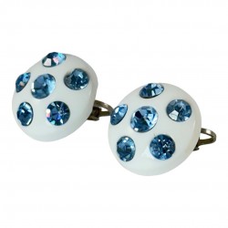 Vintage Blue Rhinestones & White Plastic Round Clip-on Earrings