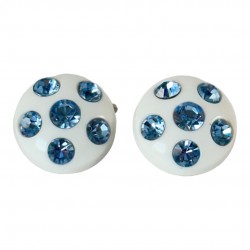 Vintage Blue Rhinestones & White Plastic Round Clip-on Earrings