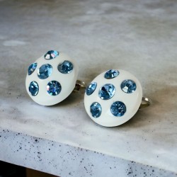 Vintage Blue Rhinestones & White Plastic Round Clip-on Earrings