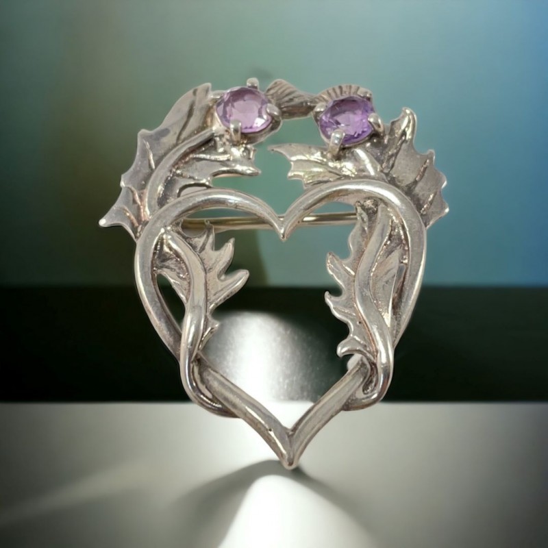 Vintage Scottish Sterling Silver & Amethyst Thistle and Heart Brooch