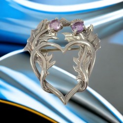 Vintage Scottish Sterling Silver & Amethyst Thistle and Heart Brooch