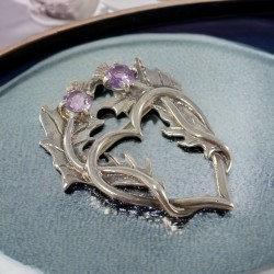 Vintage Scottish Sterling Silver & Amethyst Thistle and Heart Brooch