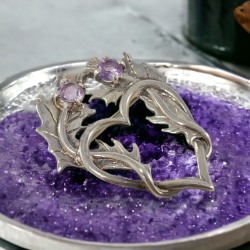 Vintage Scottish Sterling Silver & Amethyst Thistle and Heart Brooch