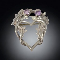 Vintage Scottish Sterling Silver & Amethyst Thistle and Heart Brooch