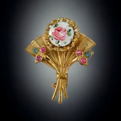 Vintage Guilloche Enamel Gold Plated Floral Small Fan Brooch