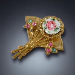 Vintage Guilloche Enamel Gold Plated Floral Small Fan Brooch