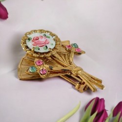 Vintage Guilloche Enamel Gold Plated Floral Small Fan Brooch