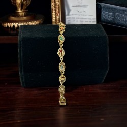 Vintage Goldette Rhinestones & Faux Pearls Gold Plated Charm link Bracelet, Victorian Style Bracelet