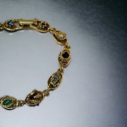 Vintage Goldette Rhinestones & Faux Pearls Gold Plated Charm link Bracelet, Victorian Style Bracelet