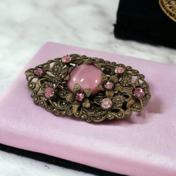 Vintage Art Deco Czech Pink Satin Glass Cabochon Brass Filigree Floral Brooch