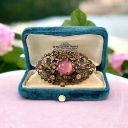 Vintage Art Deco Czech Pink Satin Glass Cabochon Brass Filigree Floral Brooch