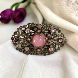 Vintage Art Deco Czech Pink Satin Glass Cabochon Brass Filigree Floral Brooch