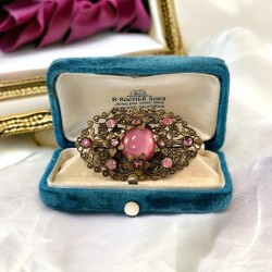 Vintage Art Deco Czech Pink Satin Glass Cabochon Brass Filigree Floral Brooch