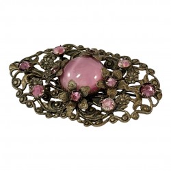 Vintage Art Deco Czech Pink Satin Glass Cabochon Brass Filigree Floral Brooch