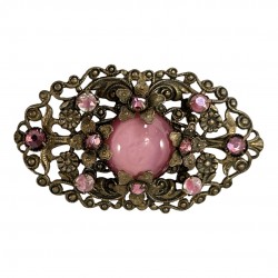 Vintage Art Deco Czech Pink Satin Glass Cabochon Brass Filigree Floral Brooch