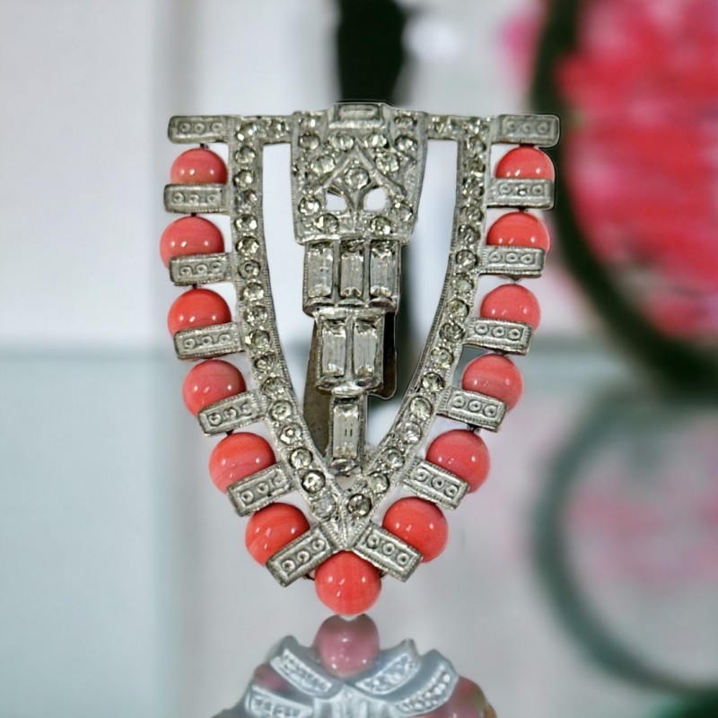 Vintage Art Deco Coral Glass Beads & Clear Rhinestones Shield Dress Clip