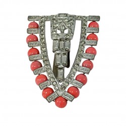 Vintage Art Deco Coral Glass Beads & Clear Rhinestones Shield Dress Clip