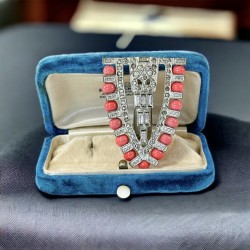 Vintage Art Deco Coral Glass Beads & Clear Rhinestones Shield Dress Clip