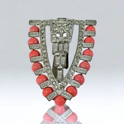 Vintage Art Deco Coral Glass Beads & Clear Rhinestones Shield Dress Clip