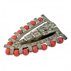 Vintage Art Deco Coral Glass Beads & Clear Rhinestones Shield Dress Clip