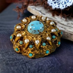 Vintage Czech Turquoise Glass & Faux Pearls Brass Filigree Floral Round Brooch