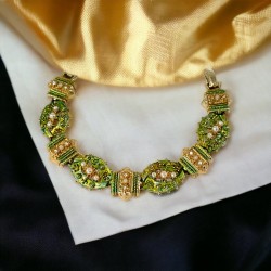 Vintage ART Arthur Pepper Green Enamel Gold Tone Ornate Link Bracelet