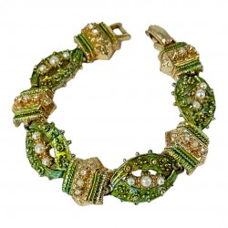 Vintage ART Arthur Pepper Green Enamel Gold Tone Ornate Link Bracelet