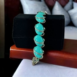 Vintage Aqua Turquoise Plastic Oval & Silver Tone Link Bracelet, Lisner Style Bracelet
