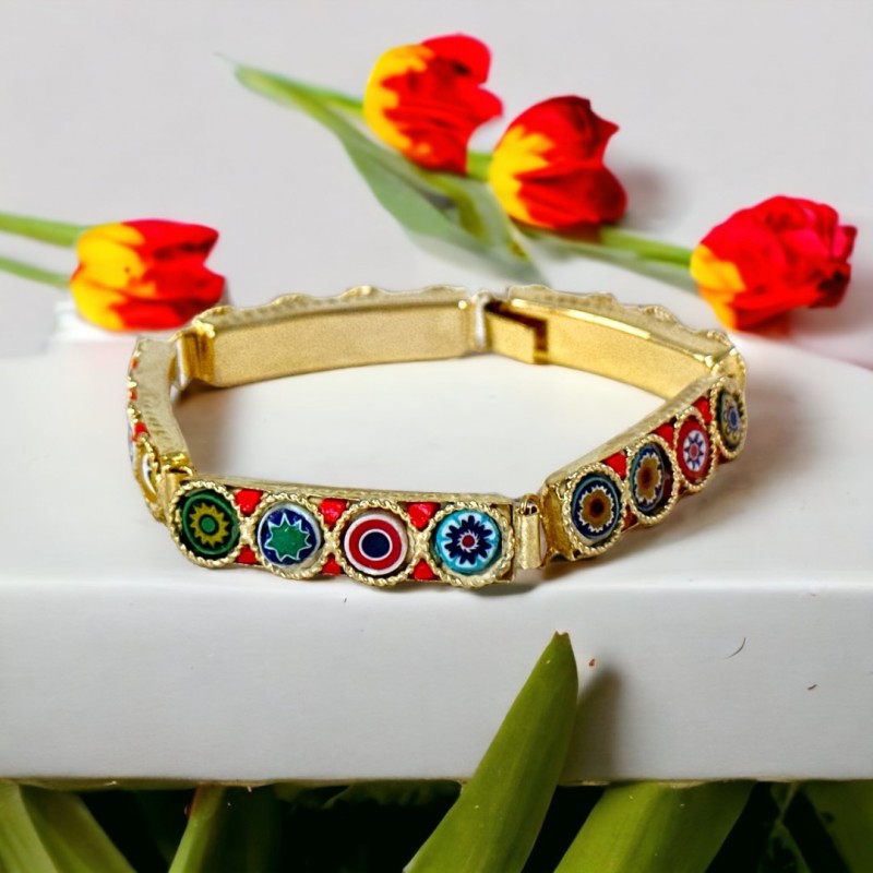 Vintage Venetian Millefiori Gold Tone Panel Link Bracelet