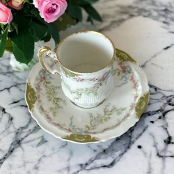 Antique French Limoges Theodore Haviland Pink Roses Garland & White Flowers Demitasse Espresso Coffee Cup and Saucer