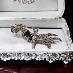 Vintage Marcasite & Jet Sterling Silver Bird of Paradise Brooch