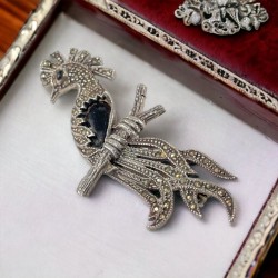 Vintage Marcasite & Jet Sterling Silver Bird of Paradise Brooch