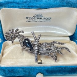 Vintage Marcasite & Jet Sterling Silver Bird of Paradise Brooch