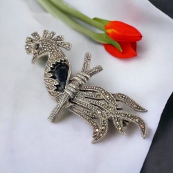 Vintage Marcasite & Jet Sterling Silver Bird of Paradise Brooch