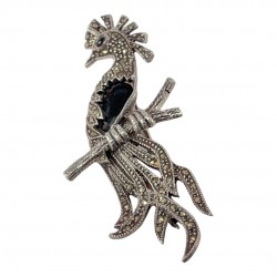 Vintage Marcasite & Jet Sterling Silver Bird of Paradise Brooch