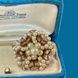 Vintage Faux Pearls Rose Gold Plated 1940's Floral Brooch