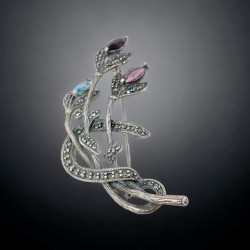 Vintage Marcasite Sterling Silver Floral Spray Brooch with Amethyst, Garnet, and Blue Topaz