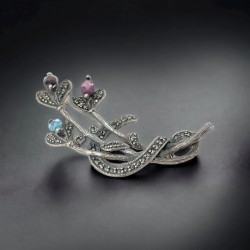 Vintage Marcasite Sterling Silver Floral Spray Brooch with Amethyst, Garnet, and Blue Topaz