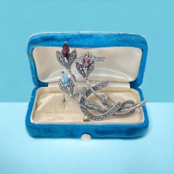 Vintage Marcasite Sterling Silver Floral Spray Brooch with Amethyst, Garnet, and Blue Topaz