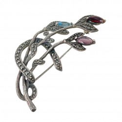 Vintage Marcasite Sterling Silver Floral Spray Brooch with Amethyst, Garnet, and Blue Topaz