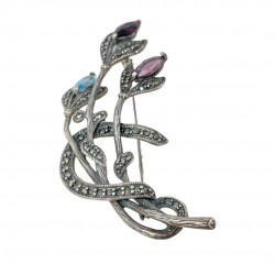 Vintage Marcasite Sterling Silver Floral Spray Brooch with Amethyst, Garnet, and Blue Topaz