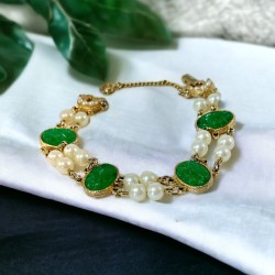 Vintage Faux Carved Jade & Faux Pearls Link Bracelet - Classic Elegance