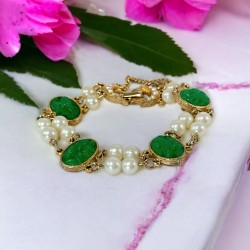 Vintage Faux Carved Jade & Faux Pearls Link Bracelet - Classic Elegance