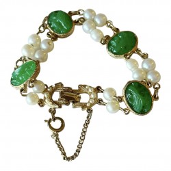 Vintage Faux Carved Jade & Faux Pearls Link Bracelet - Classic Elegance